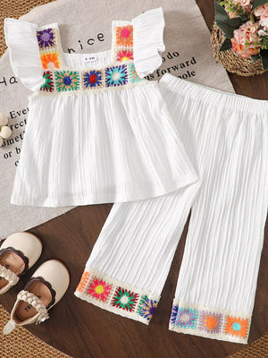 Children's Crochet Trimmed Top And Pants Set in White