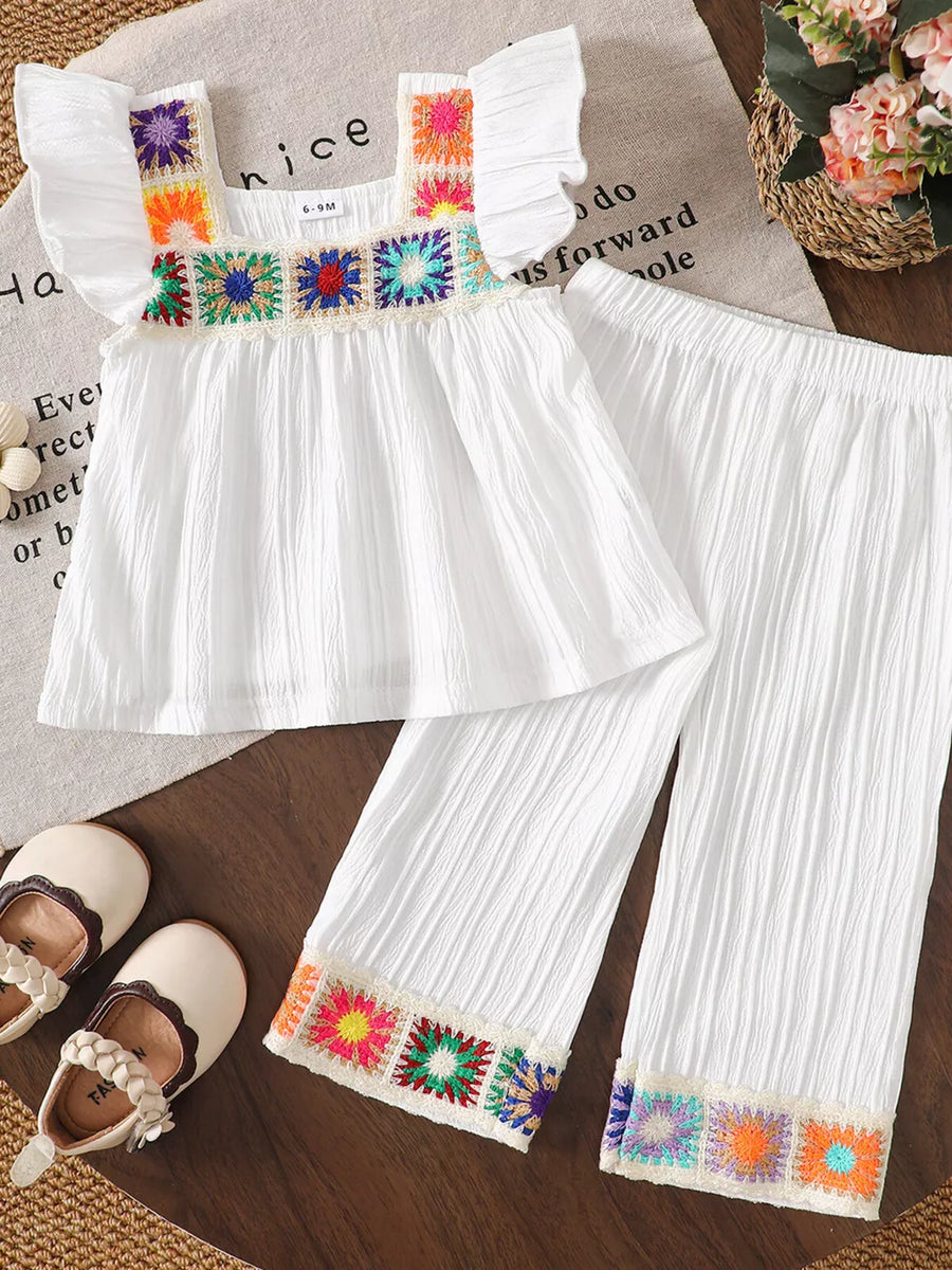 Children's Crochet Trimmed Top And Pants Set in White