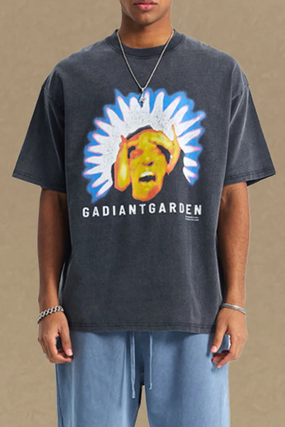 Black distressed graphic tee with Gadiantgarden print and crew neck