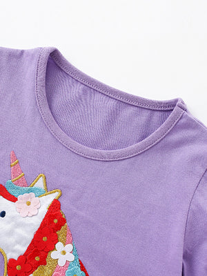 Lavender cotton toddler dress with unicorn appliqué and floral details.