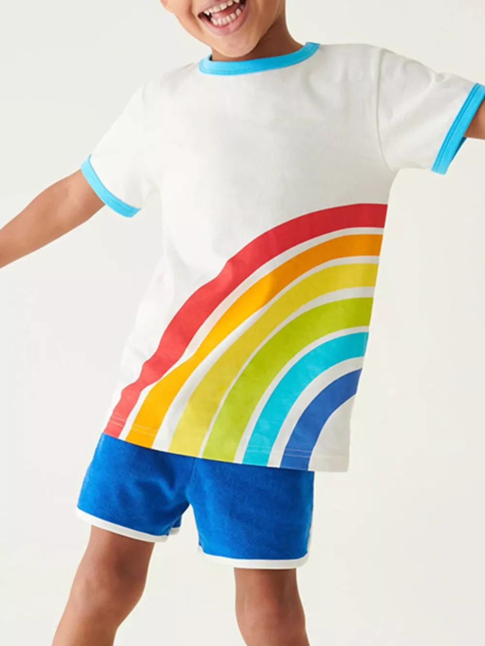 Toddler white cotton crew neck t-shirt with vibrant rainbow graphic and blue trim