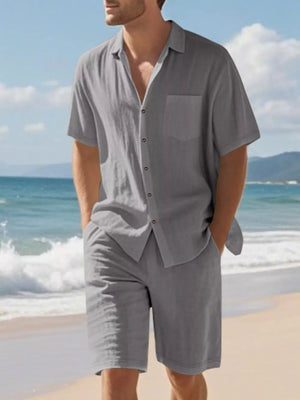 Grey linen blend men's casual shirt and shorts set with short sleeves and a chest pocket.