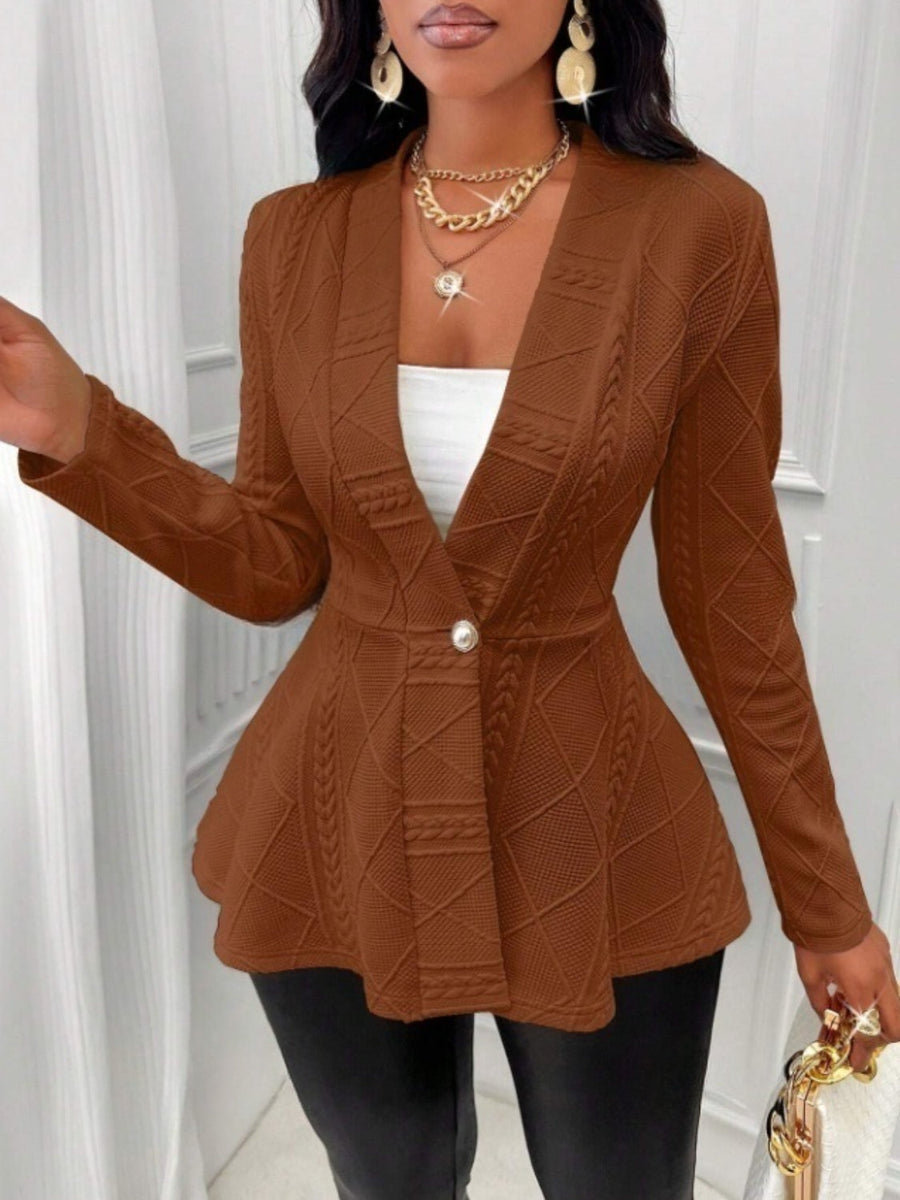 Textured knit peplum blazer in dark brown with a single button closure and flared hem.