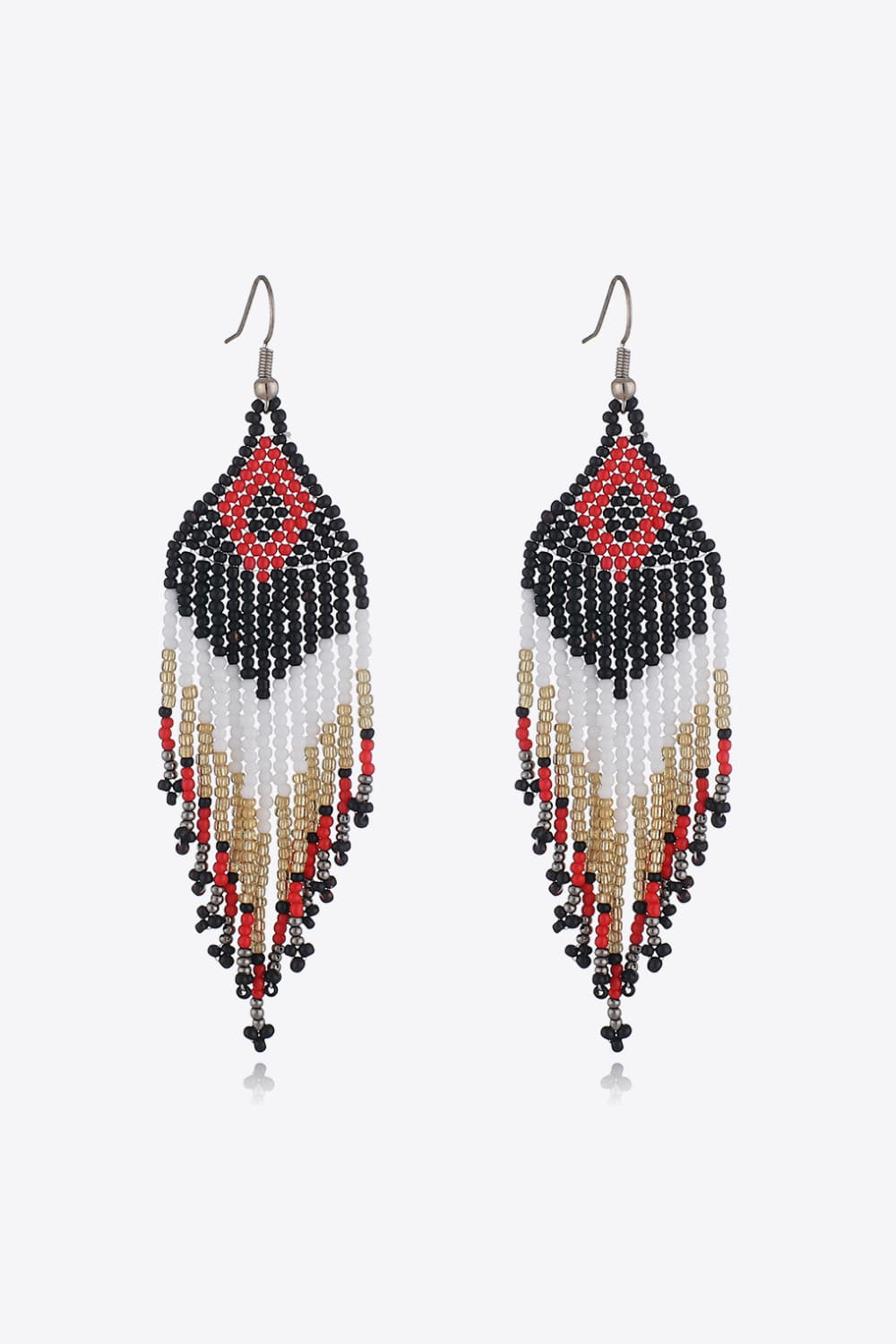 Beaded diamond fringe earrings in black, white, red, and gold with boho style.
