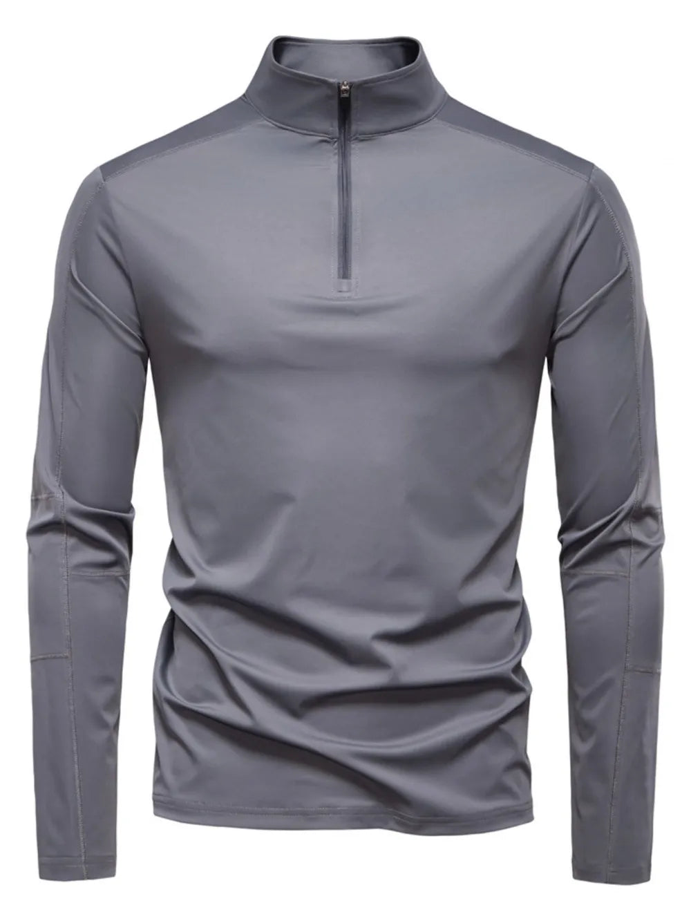 Gray performance zip-neck tee with structured shoulders and long sleeves.