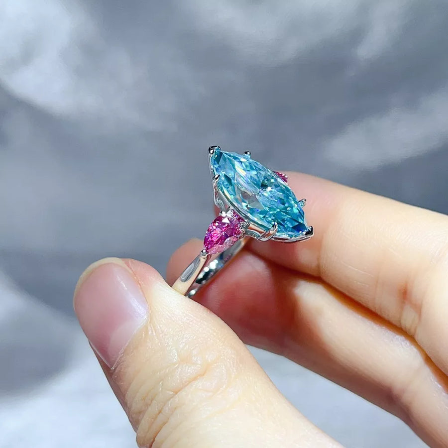 925 sterling silver,Moissanite Carat weight: 6ct Care instructions: Avoid wearin ring in Turquoise with elongated silhouette