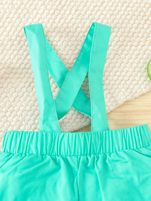 Baby bodysuit set in turquoise with criss-cross straps and elastic waistband.