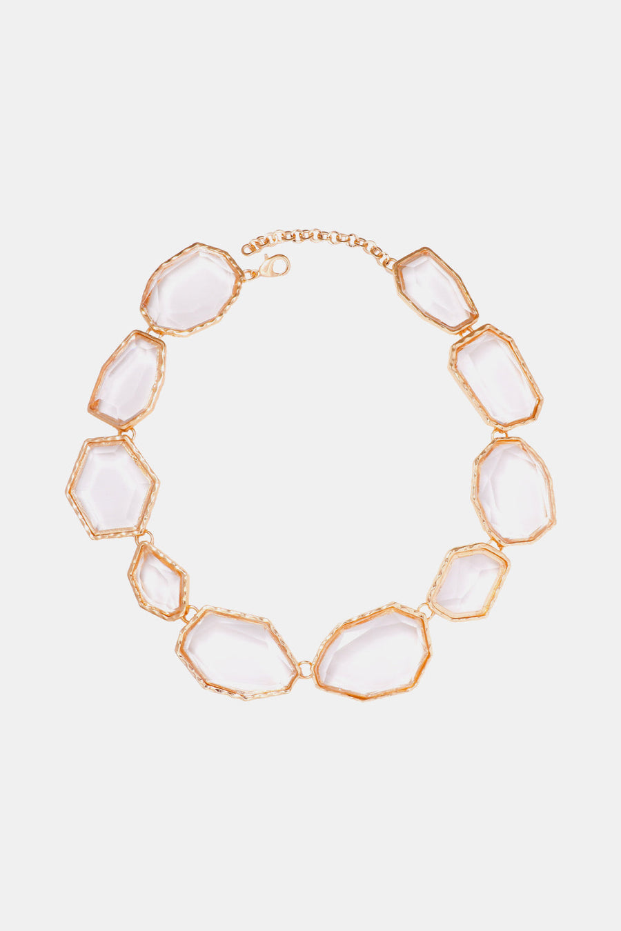 Prismatic resin stone collar necklace in white with gold-tone chain and clasp.
