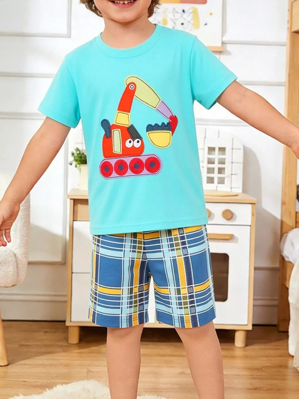 Boys' blue excavator graphic tee and plaid shorts set