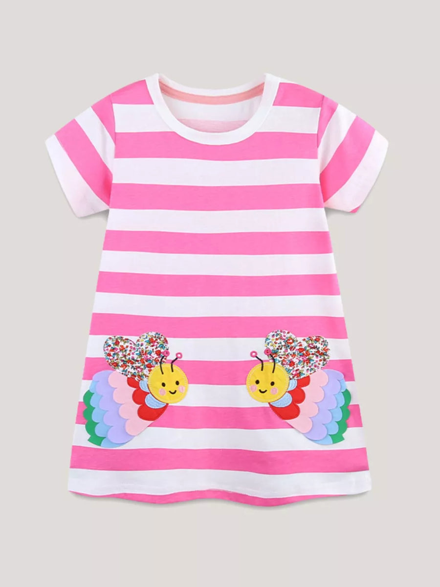 Toddler pink and white striped cotton dress with bee appliqué pockets.
