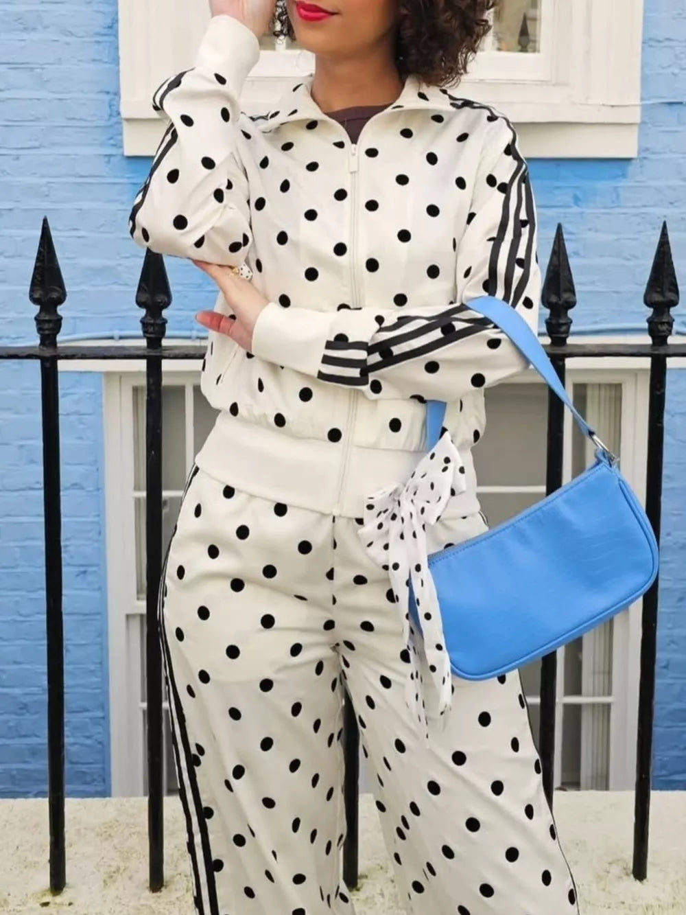 Black Polka Dot Zip Up Outerwear And Pants Set