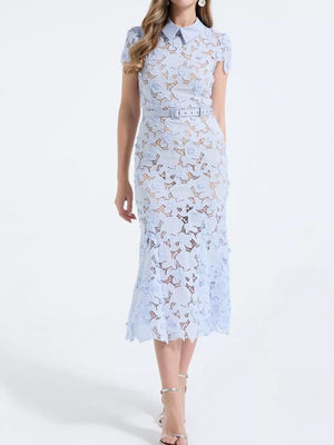 Sky blue lace midi dress with floral pattern, collar, short sleeves, and belt