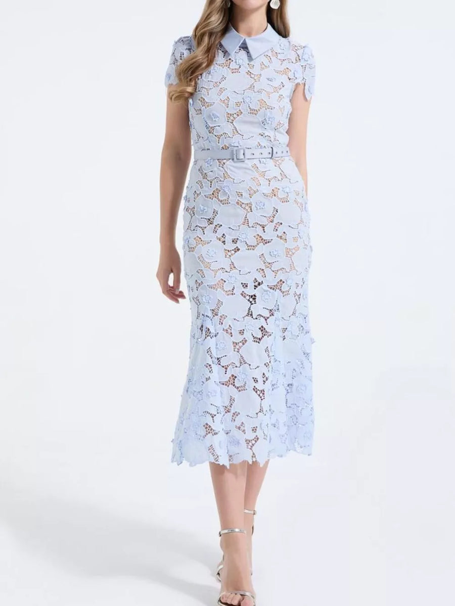 Sky blue lace midi dress with floral pattern, collar, short sleeves, and belt