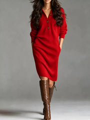 Red sweater dress with knee-length and half-button