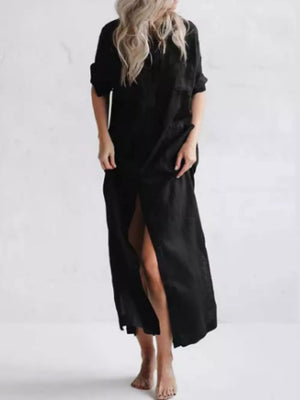 Green Full Size Casual Button-down Maxi Shirt Dress