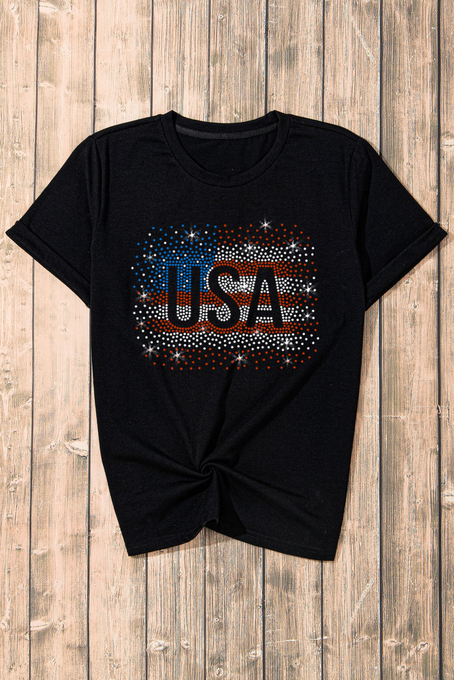 Black t-shirt with rhinestone USA flag graphic.