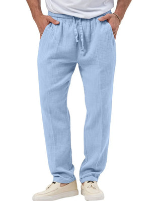 Light blue textured drawstring linen blend trousers with adjustable waist