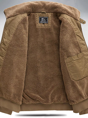 Khaki bomber jacket with plush sherpa lining and pocket detail.