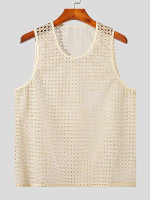 Beige open knit tank top with a round neckline and sleeveless design.