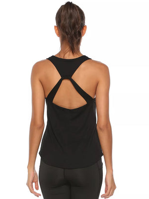 Black athletic tank top with crisscross back straps and a scoop neckline.