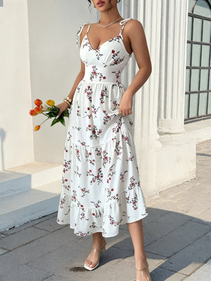 burgundy midi dress featuring ruffled and floral