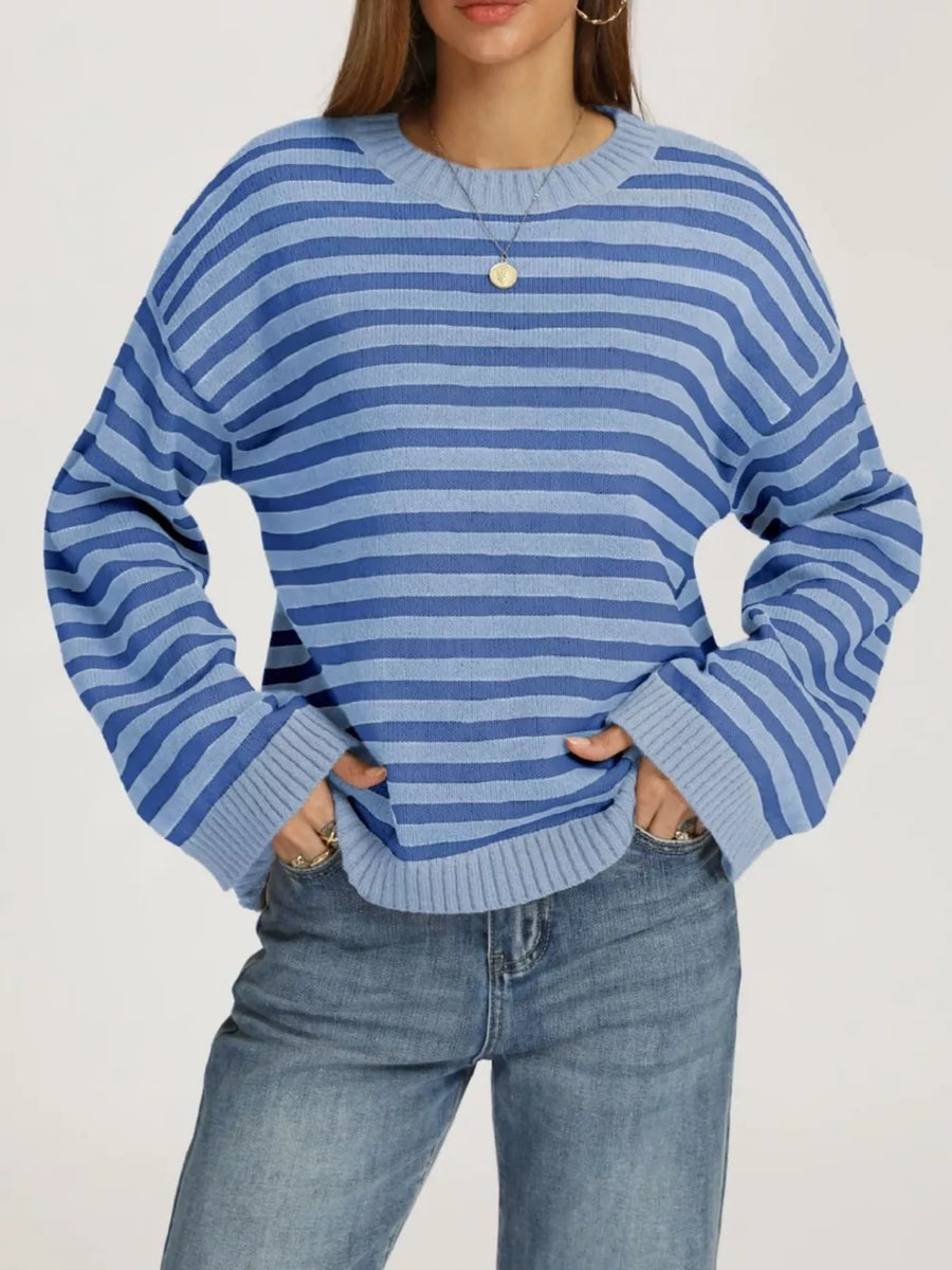 sky blue pullover sweater with striped and crew neck