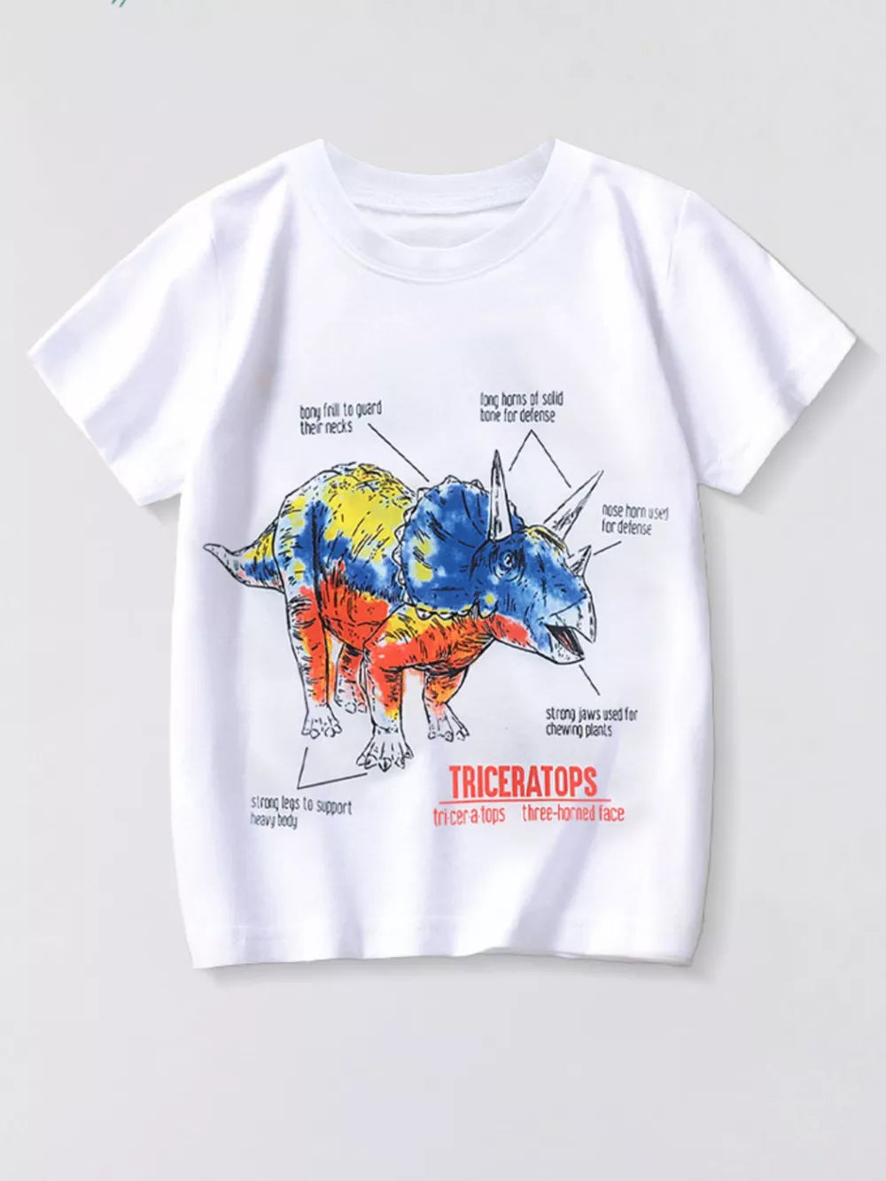 White t-shirt with a colorful Triceratops dinosaur graphic and anatomical labels.