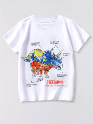 White t-shirt with a colorful Triceratops dinosaur graphic and anatomical labels.