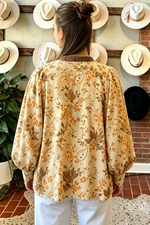 Tan with Paisley Print Tie Neck Long Sleeve Top in Tan