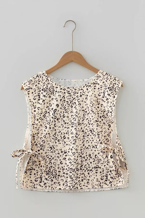 Knot detail leopard print tank top in cream and black with a scoop neck.