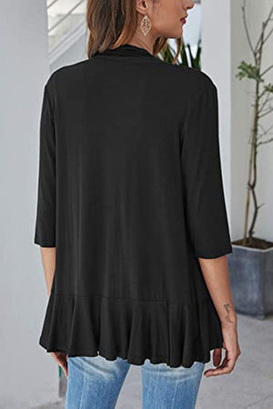 Black waterfall cardigan with 3/4 sleeves and ruffled asymmetric hemline