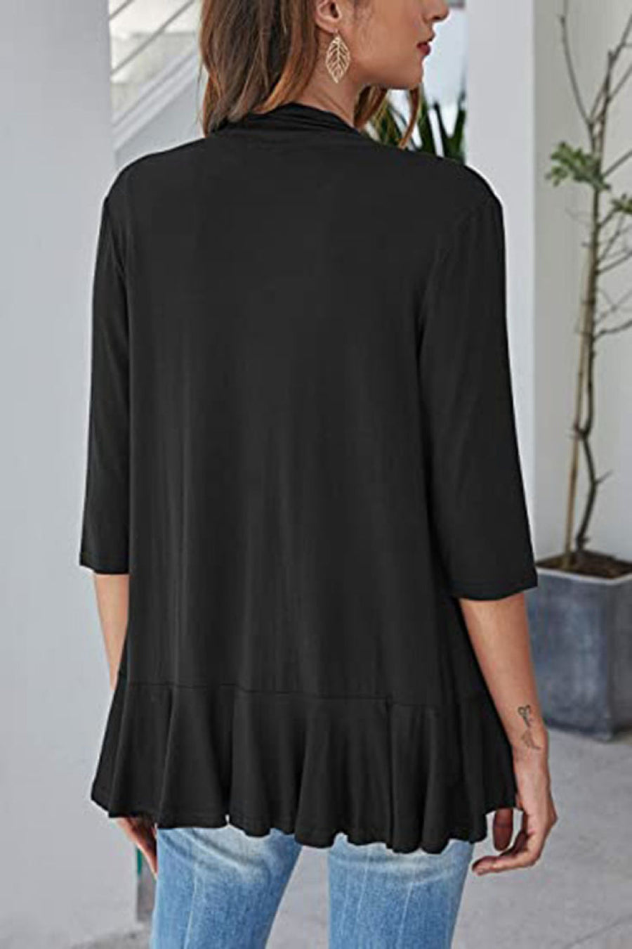 Black waterfall cardigan with 3/4 sleeves and ruffled asymmetric hemline