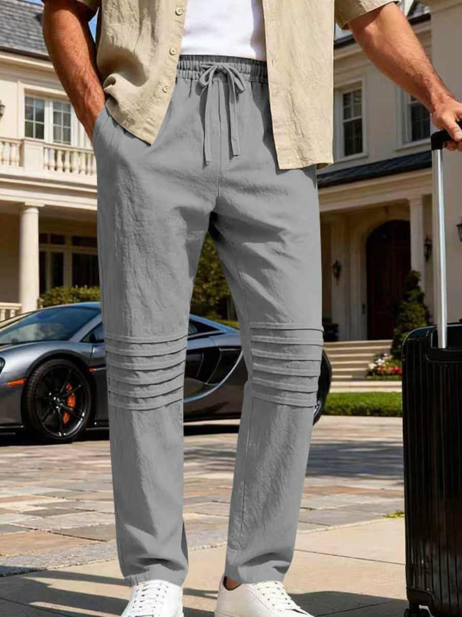 Men's gray linen-blend drawstring sweatpants with pleated knee detail