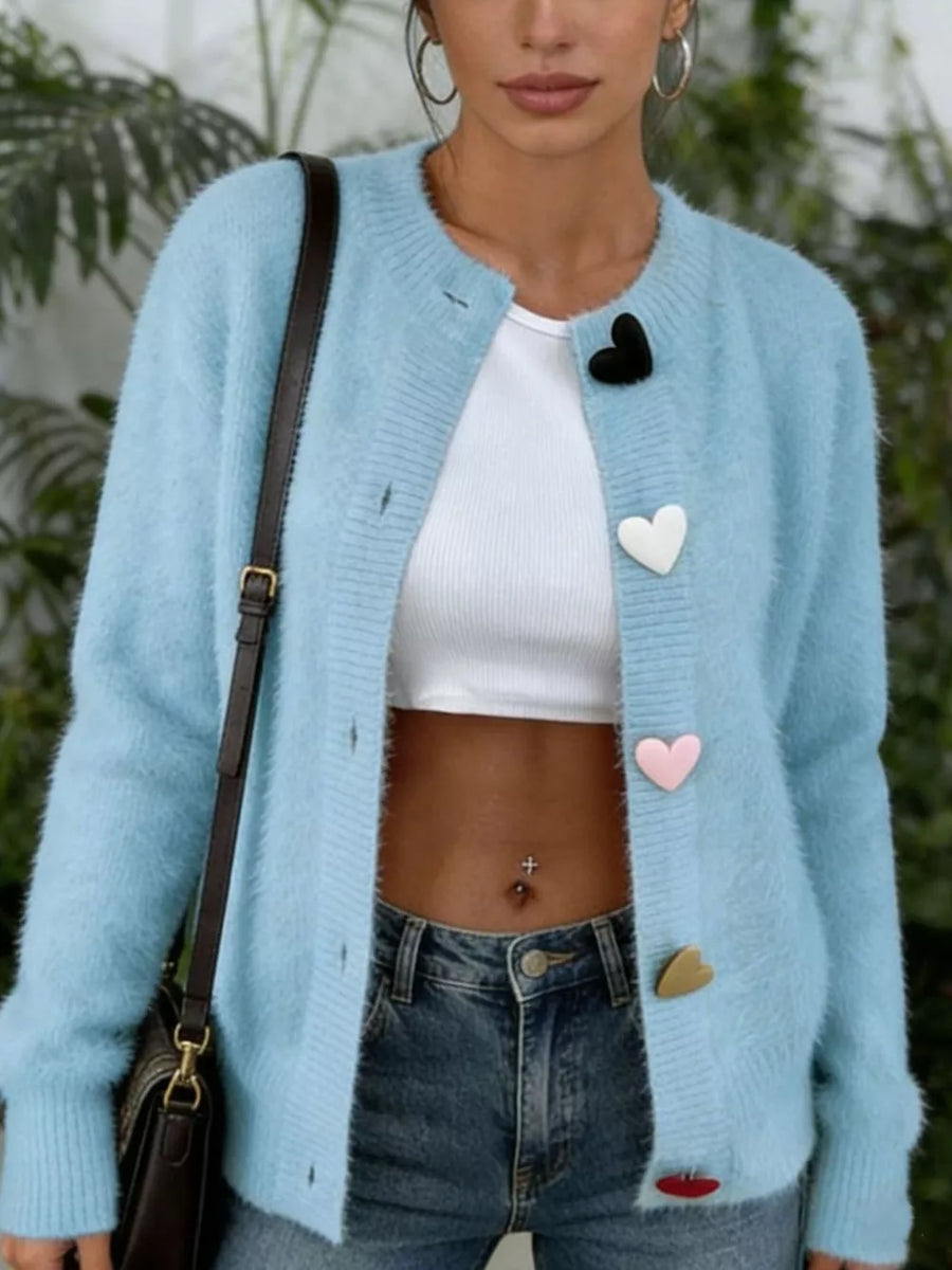 White Heart Button Long Sleeve Cardigan Plus Size