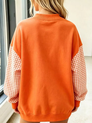Gingham Sleeves Round Neck Sweatshirt in Red with ribbed cuffs