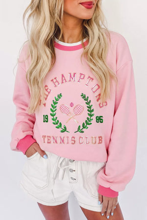 Blush Pink Embroidered Tennis Club Crew Neck Pullover Sweatshirt