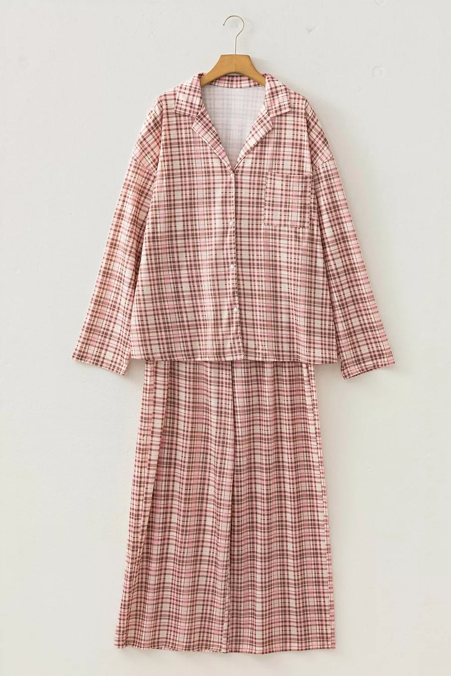 Dusty Pink pajama set with hip-length top, full-length pants and button-front