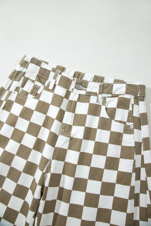 Chic checkered denim barrel pants in brown and white cotton with a button fly and pockets.