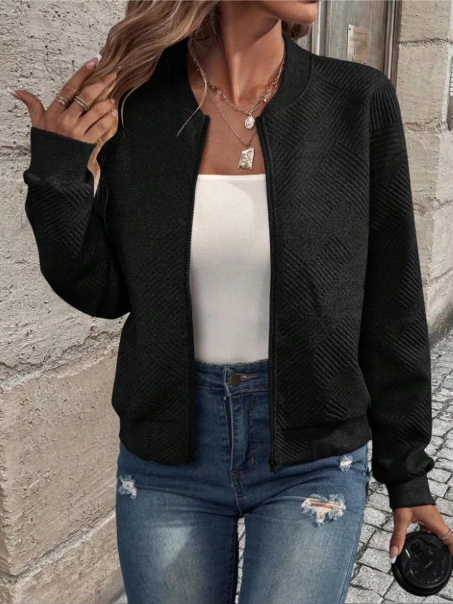 Textured Knit Zip-up Bomber Jacket in Gray
