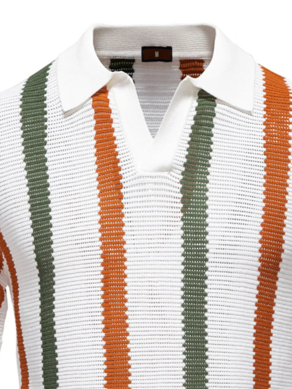 Textured stripe polo with open collar in white with burnt orange and green stripes.
