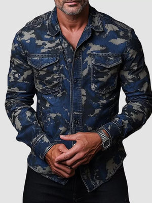 navy blue button-up shirt with camo and collared