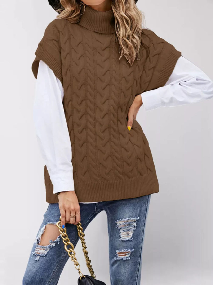 Coffee relaxed sweater vest with turtleneck