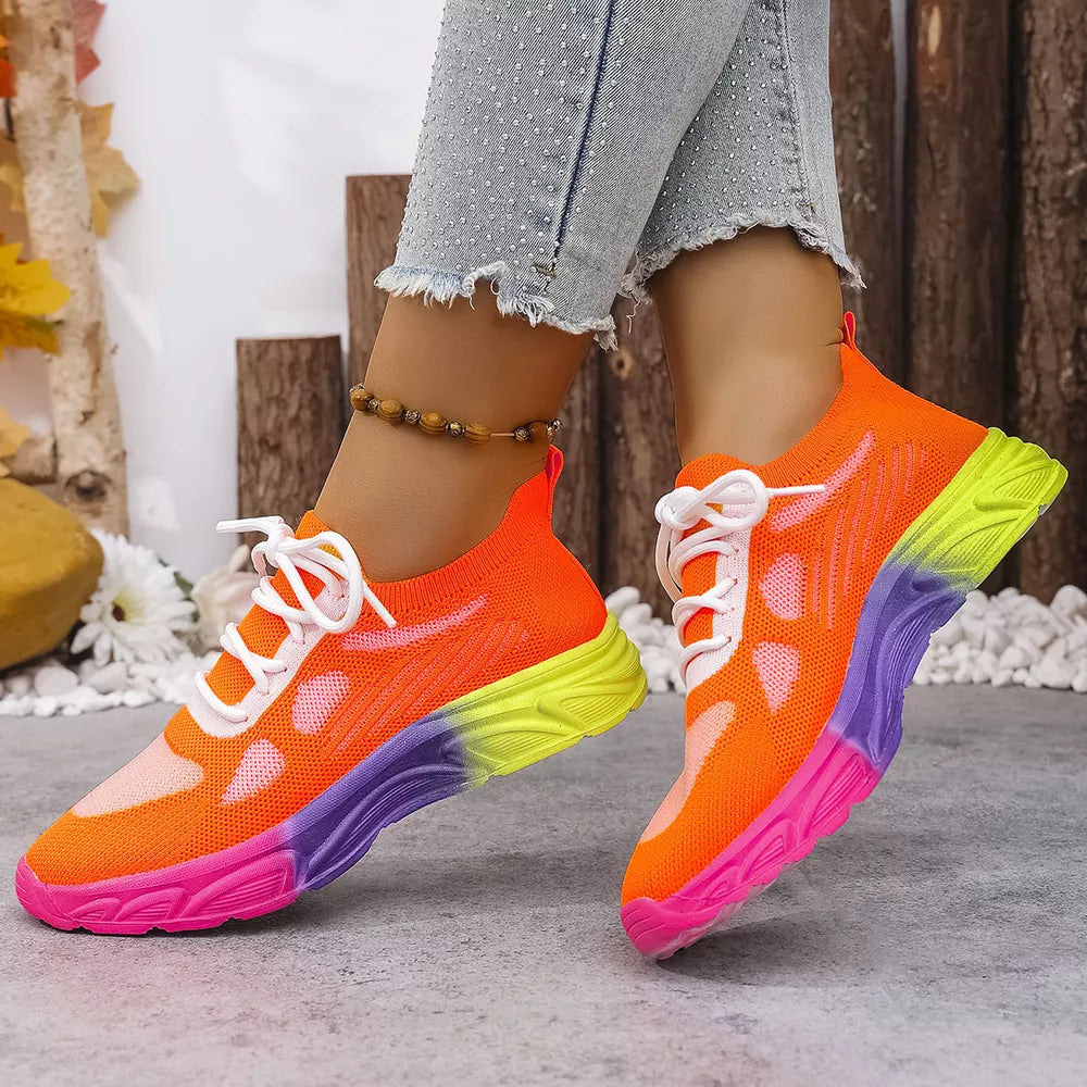 Orange Red and Fluorescent Green mesh lace-up sneakers with a gradient sole.