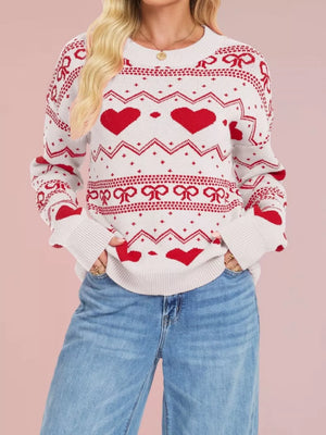 pullover sweater featuring fair isle with hearts and bows in Rose Red with 100% polyester Care instructions: Machine wash