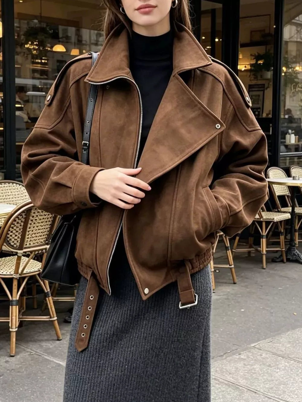 Brown Asymmetrical Zipper Moto Jacket With Belt