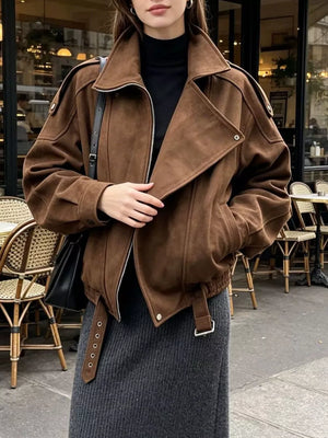 Brown Asymmetrical Zipper Moto Jacket With Belt