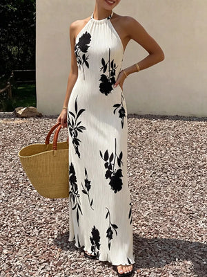 Ivory floral print halter neck maxi dress with button details and a-line cut