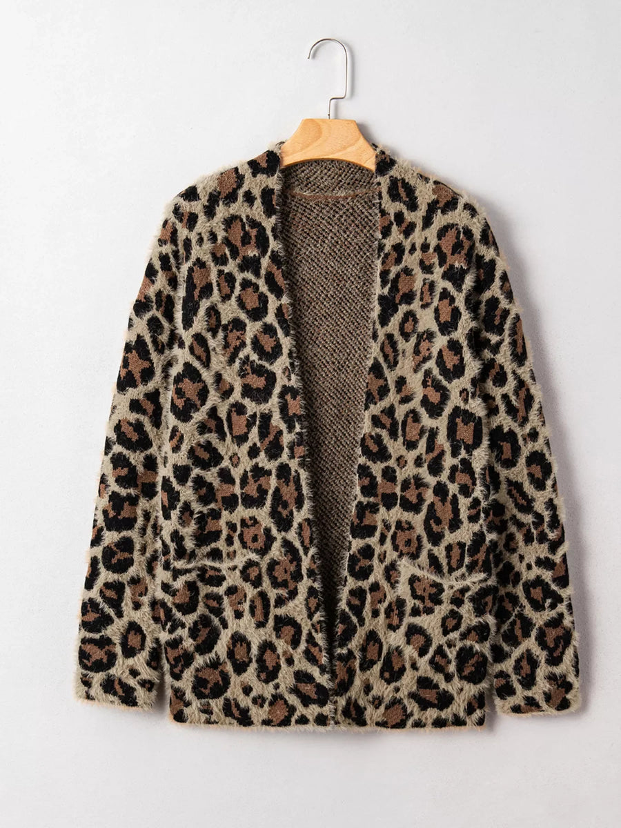 Leopard print fuzzy cardigan with pockets and open front.