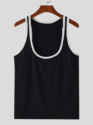 Black scoop neck tank top with white contrast trim.