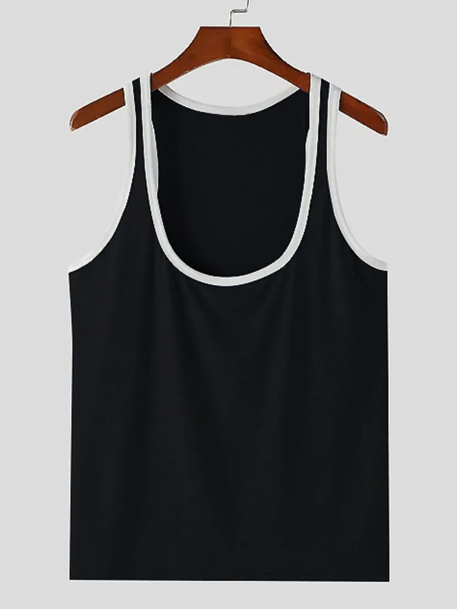 Black scoop neck tank top with white contrast trim.